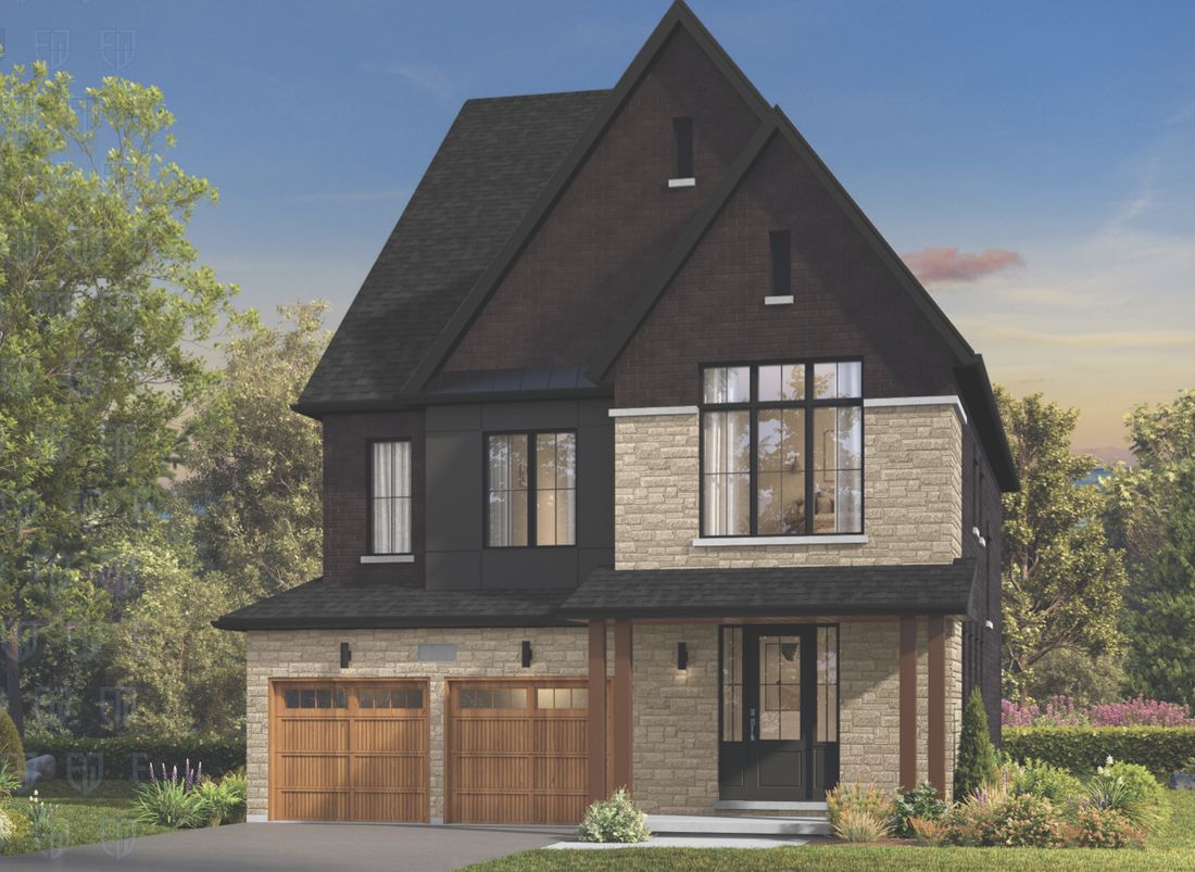The Carrington, Elevation A, brick and stone detached home with wood garage doors