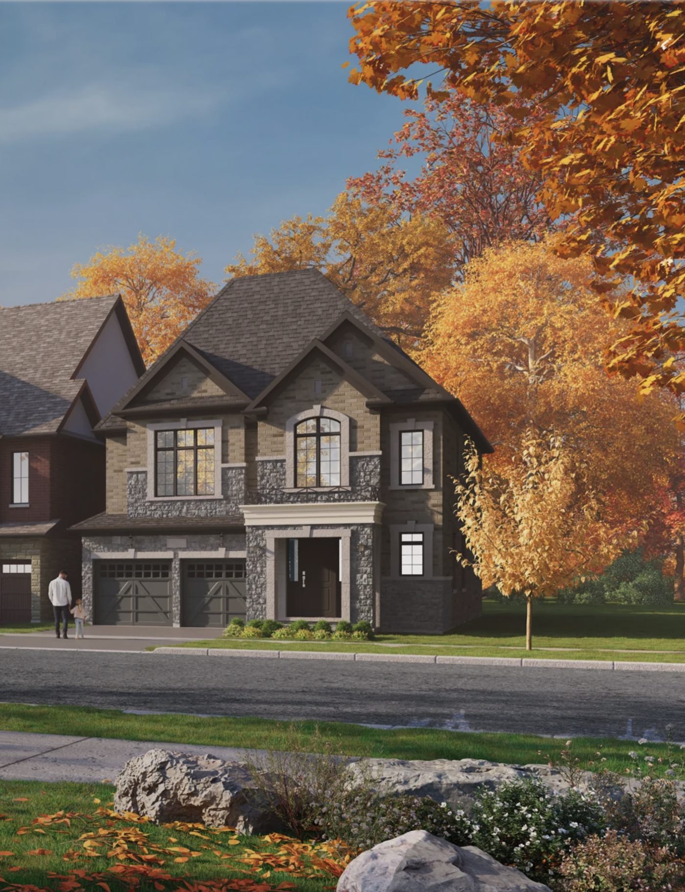 Autumn streetscape of brick and stone detached homes