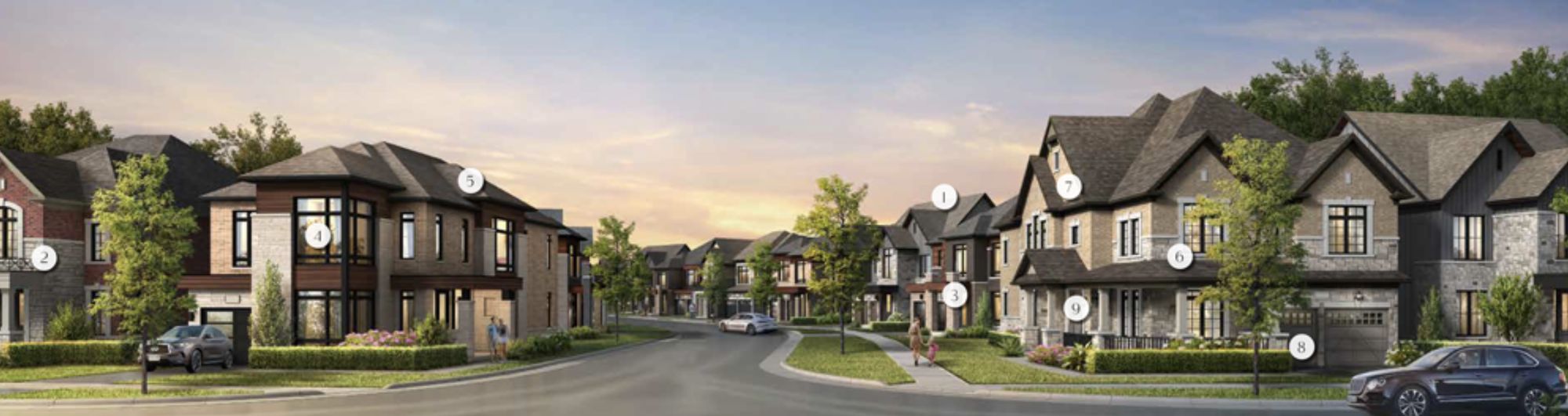 Streetscape rendering with numbered architectural details