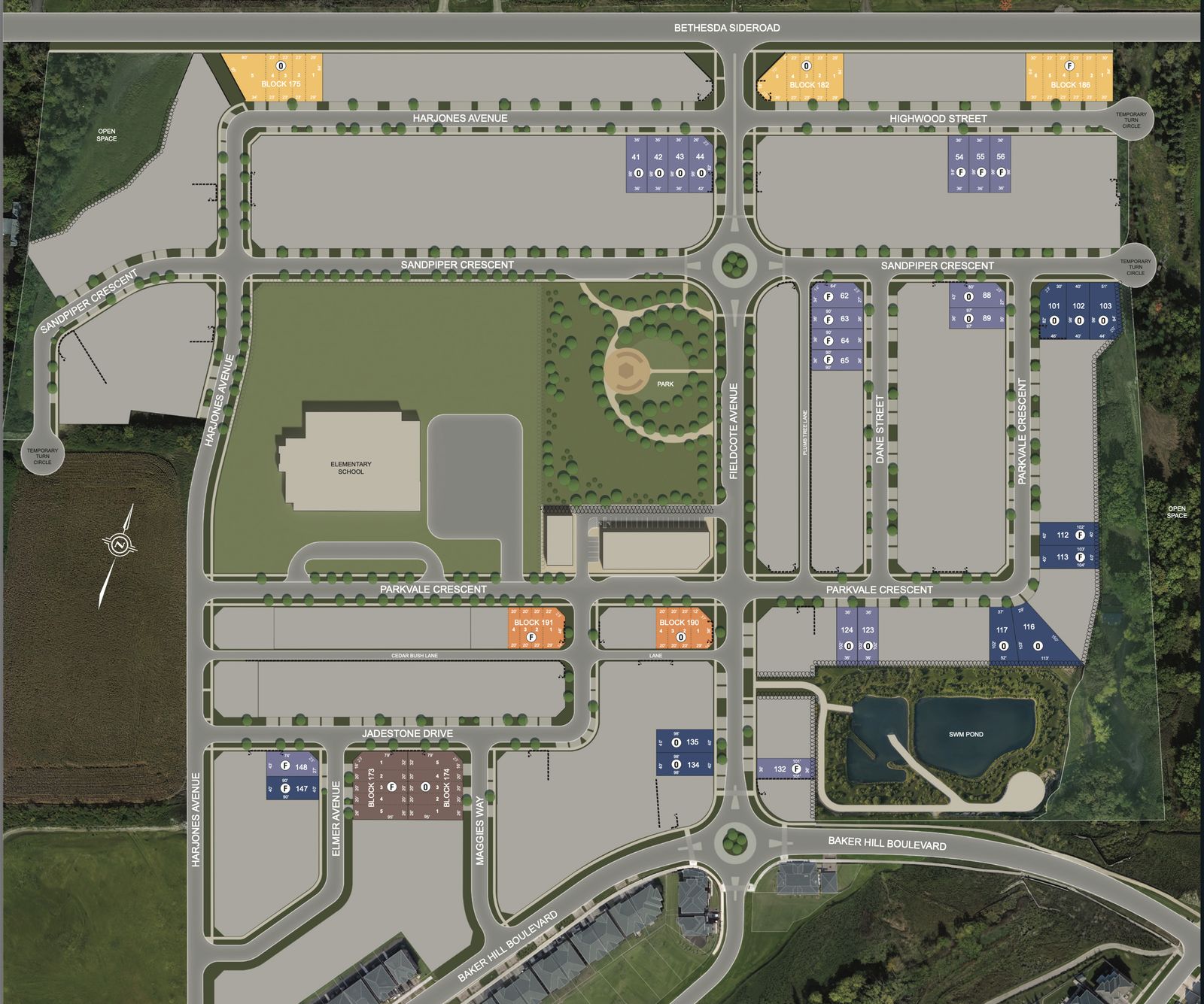 Community site plan showing lots, school, park and pond